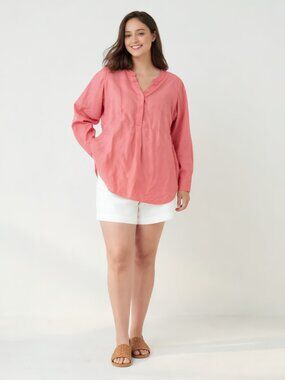 Crown & Ivy Curvy 1X Coral Linen Tunic Top Crochet Trim Coverup Blouse